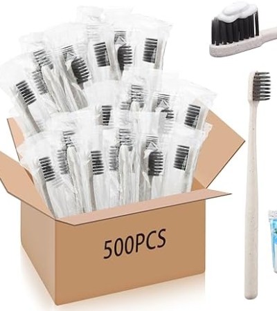 Uiifan 500 Sets Disposable Toothbrushes Bulk with Toothpaste Individually Wrapped Travel Toothbrush Set Homeless Supplies Manual Soft Bristle Toothbrushes for Home Hotel Office School Camping