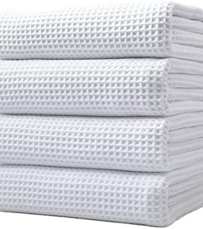 POLYTE Microfiber Oversize Quick Dry Lint Free Bath Towel, 60 x 30 in, 4 Pack (White, Waffle Weave)