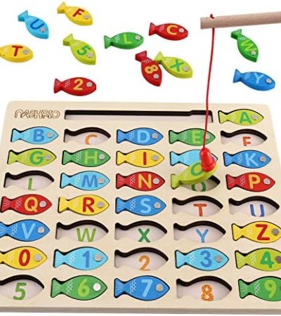 Magnetic Wooden Fishing Game Toy for Toddlers, Alphabet Fish Catching Counting Games Puzzle with Numbers and Letters, Preschool Learning ABC Math Educational Toys 3 4 5 Years Old Girl Boy Kids