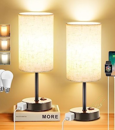 Table Lamp Bedside Lamps for Bedroom, Table Lamps Set of 2 Lamp for Bedrooms Set of 2 with 3 Way Dimmable Using Rocker Switch Nightstand Lamp Desk Lamp with AC Outlets for Living Room Home Decor