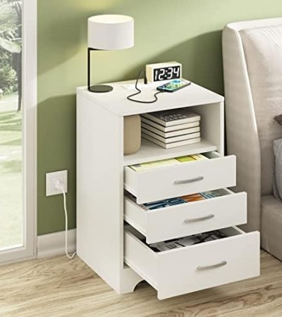 White Nightstand with Charging Station, Modern End Side Table with 3 Drawers, Wooden Cabinet Stand by Sofa, Bedside Tables for Bedroom with USB Ports Outlet & Open Storage