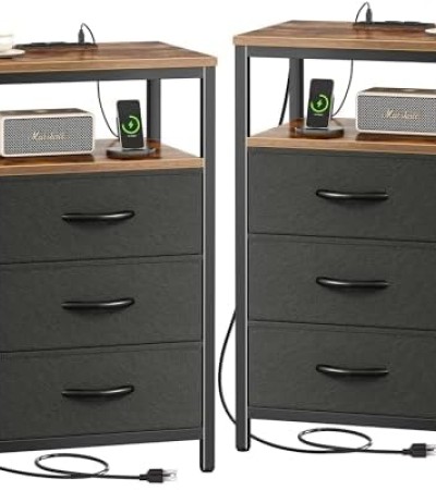 Huuger Nightstands Set of 2, 27.6 Inch End Tables with Charging Station, Side Tables with Fabric Drawers, Bedside Tables with USB Port and Outlet, Night Stands for Bedroom, Rustic Brown and Black