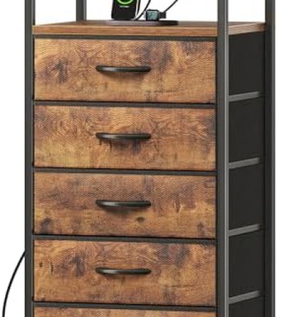 Huuger 5 Drawers Dresser with Charging Station, Dresser for Bedroom, Tall Night Stand, Chest of Drawers with Open Shelf, Bedside Table Nightstand, Fabric Dresser, for Entryway, Rustic Brown