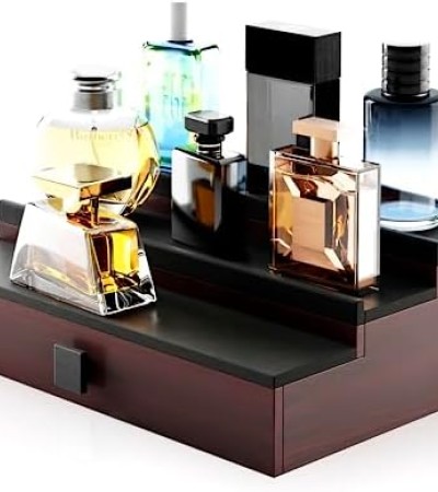 HOTCAN Wooden Cologne Stand Organizer for Men - 3 Tier Perfume Organizer with Drawer and Hidden Compartment - Perfect for Organizing and Storing Colognes and Accessories - A Great Gift for Men