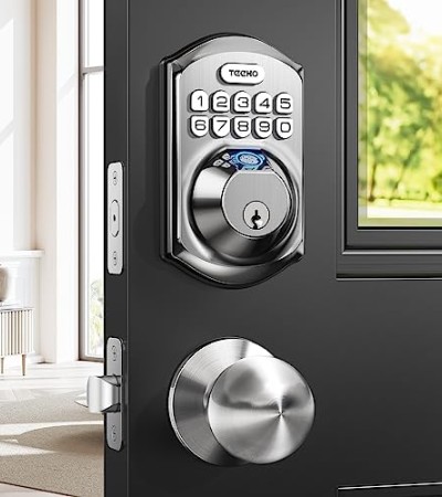 TEEHO TE002K Keyless Fingerprint Deadbolt Door Lock - Smart Lock with Handle and Keypad - Satin Nickel
