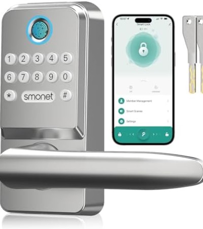 WiFi Front Door Lock with Handle: Smonet Keyless Entry Smart Locks Keypad Electronic Auto Lock Fingerprint Bluetooth Remote Control with App Alexa Compatible Passcode for House