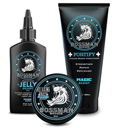 Bossman Essentials Beard Kit for Men - เจลลี่น้ำมันเครา, ครีมนวดผมเสริมความแข็งแรง, บาล์มเครา - อุปกรณ์เสริมดูแลการเจริญเติบโตของเส้นผม (Magic)