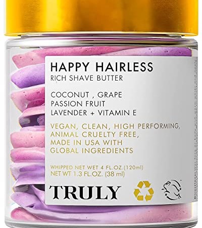 Truly Beauty Happy Hairless Shave Butter - ครีมโกนหนวดธรรมชาติสำหรับผู้หญิง น้ำมันมะพร้าวและอื่นๆ อีกมากมาย เพื่อผิวเรียบเนียนและบำรุง - 1.3 ออนซ์