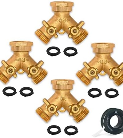 Morvat Heavy Duty Brass 2 way Y Splitter Garden Hose Connector with Comfortable Grip Shut Off Valves, Adapter for Water Tap, Outlet, and Spigot, Includes 8 Extra Rubber Washers and Teflon Tape, 4 Pack