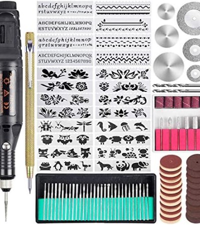 108 Pcs Engraving Tool Kit, Multi-Functional Electric Corded Micro Engraver Etching Pen DIY Rotary Tool for Jewelry Glass Wood Ceramic Metal Plastic with Scriber, 82 Accessories and 24 Stencils