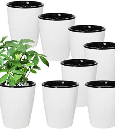 OJYUDD 8 Pack 4 Inch Self Watering Plastic Planter with Inner Pot White Flower Plant Pot,Modern Decorative Flower Pot for All House Plants,Flowers,Herbs,African Violets