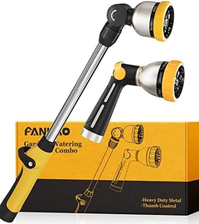 FANHAO Nozzle Combo Set with 8 Patterns, Heavy Duty Garden Hose Nozzle, Metal Watering Wand High Pressure Hose Sprayer, Thumb Flow Control, Easy to Reach Anywhere in Garden & Lawn
