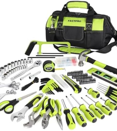 FASTPRO 267-Piece Home Tool Set, Household Repairing Tool Kit with 13-Inch Wide Mouth Open Tool Bag, Mechanics Hand Tool Kit for DIY, Home Maintenance, Green