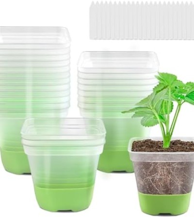 GOONMILL 24 Packs 4 Inch Square Plastic Nursery Pots, Clear Plant Pot with Soft Silicone Base for Easy Transplant, Flower Pots with Drainage Holes, Reusable Seedling Pots Starter Pots