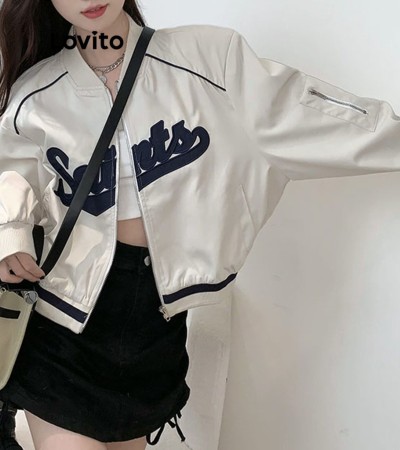 Lovito Casual Letter Pattern Jacket for Women LNE33200 (Off White/Pink)