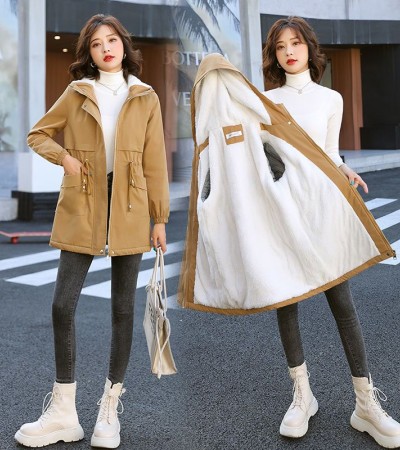 Fleece Lining Windbreaker Women 2023 New Style Winter Casual Loose Western Thickened Mid-Length Padded Jacket