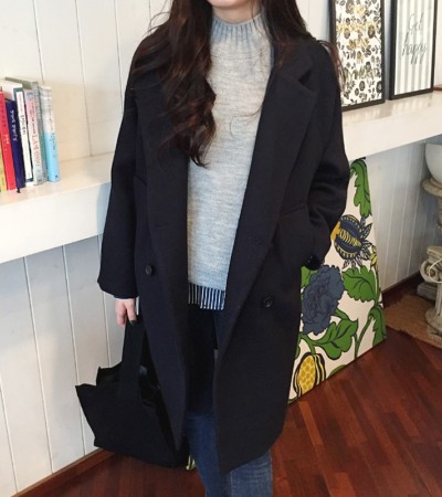 Women Korean Fashion Double-breasted Long Wool Coat Winter Coat Jacket